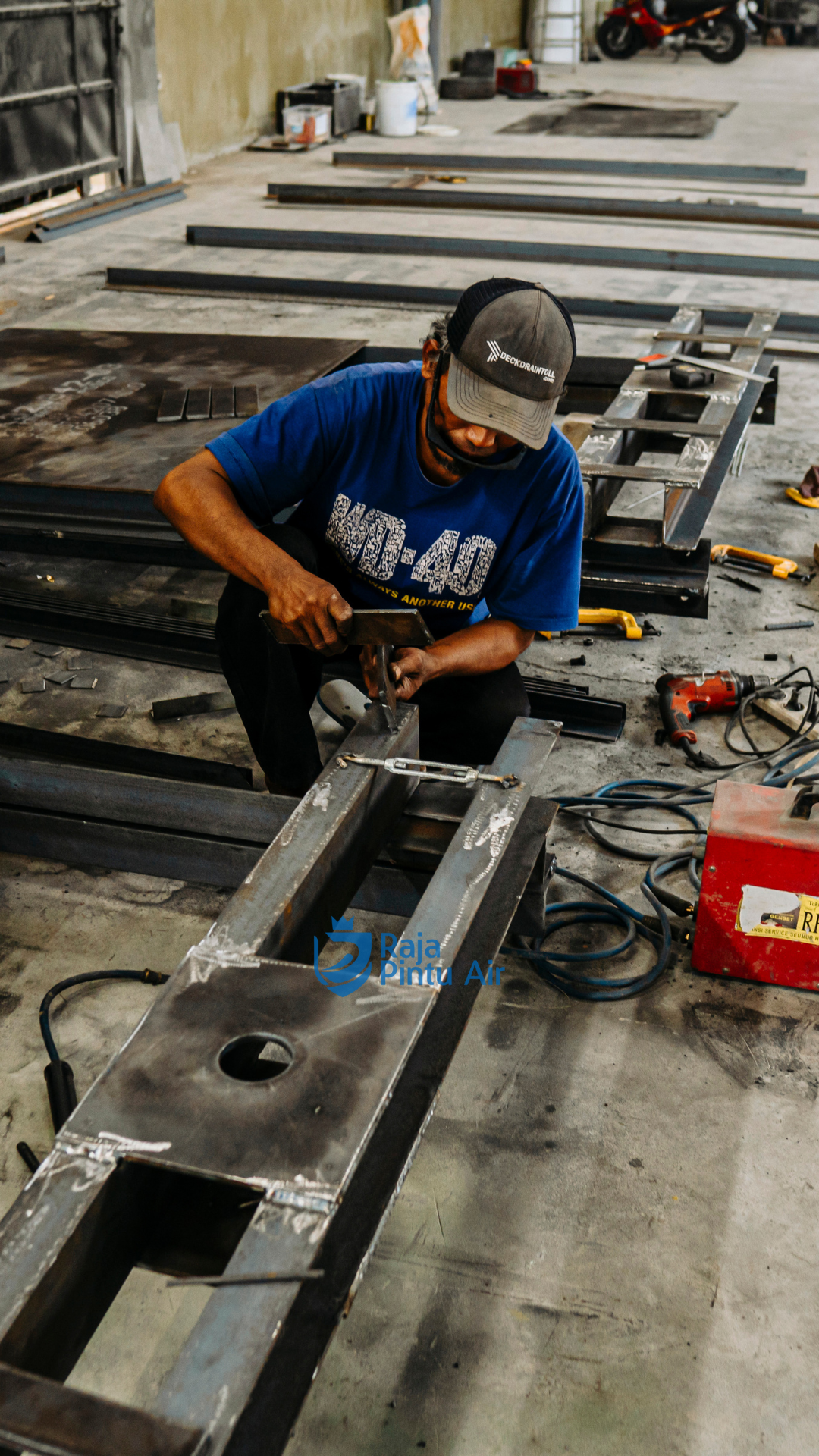 Salah satu langkah perakitan pintu air mulailah dari frame: las besi siku galvanis, lalu pasang guide rail paralel 